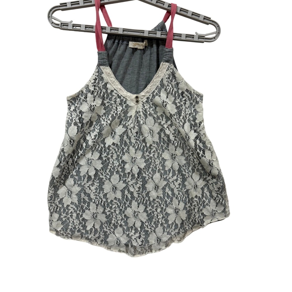 Rewind Womens Floral Lace Halter Tank Top Gray Pink Boho Mixed Media Small S